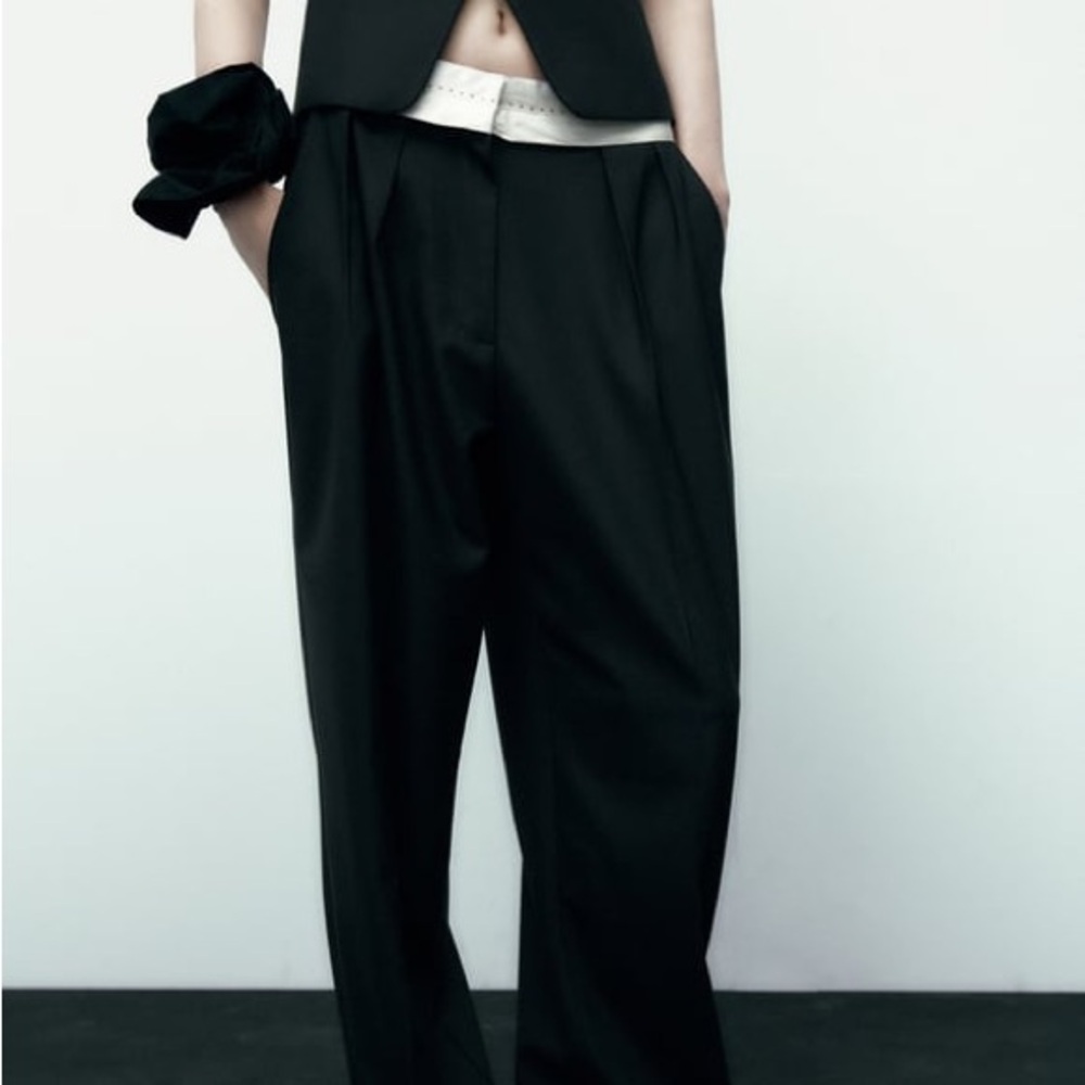NWT Zara Fold over Waist Black Trousers Womens Size Extra-Small